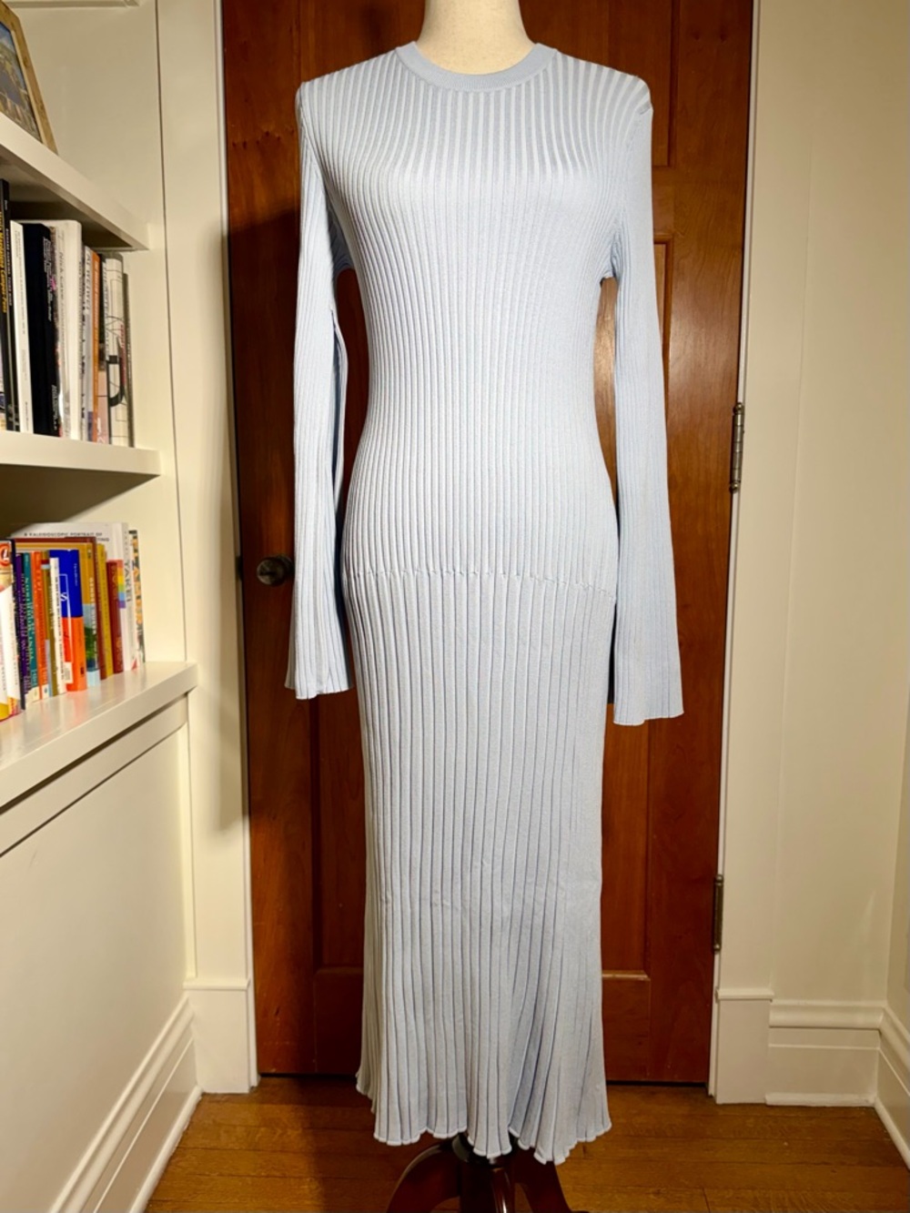 Proenza Schouler Light Blue Cape Sleeves Rib-Knit Maxi Dress